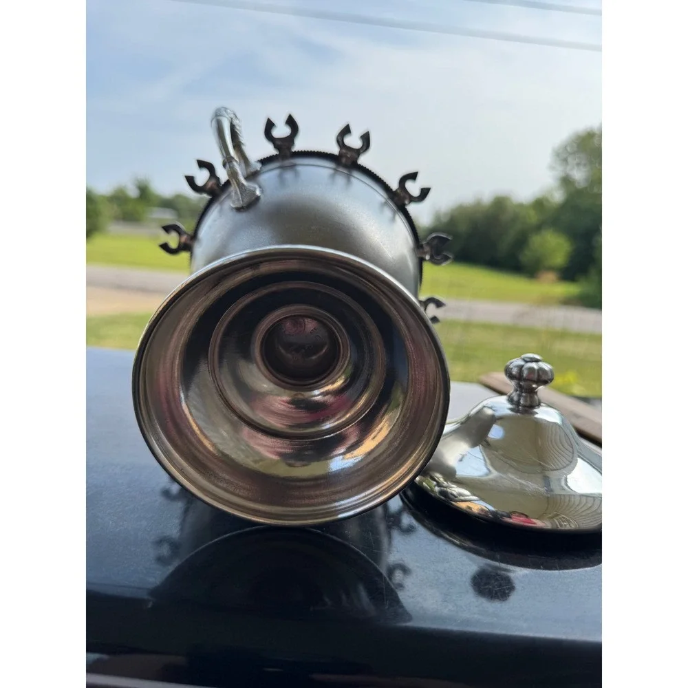 Vtg Britannia Metal Quadruple Plate Spoon Holder Caddy w/ Lid Horseshoe Motif
